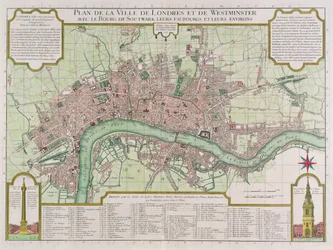 Plan van de steden Londen en Westminster, 1727 (handgekleurde gravure)